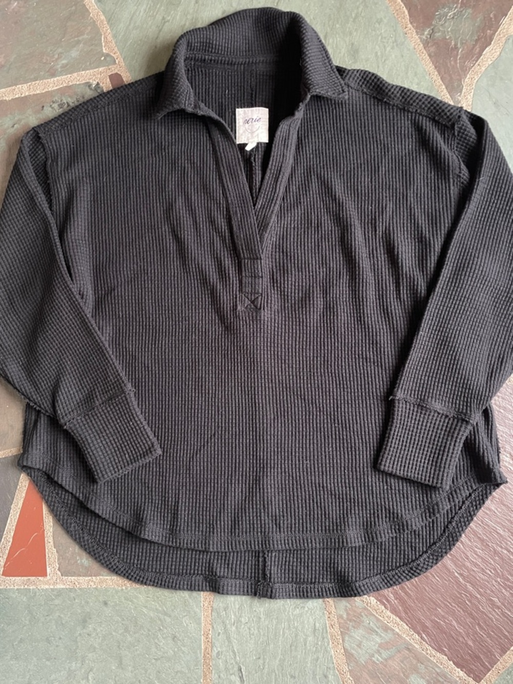 aerie Black Waffle-Knit Long Sleeve Top